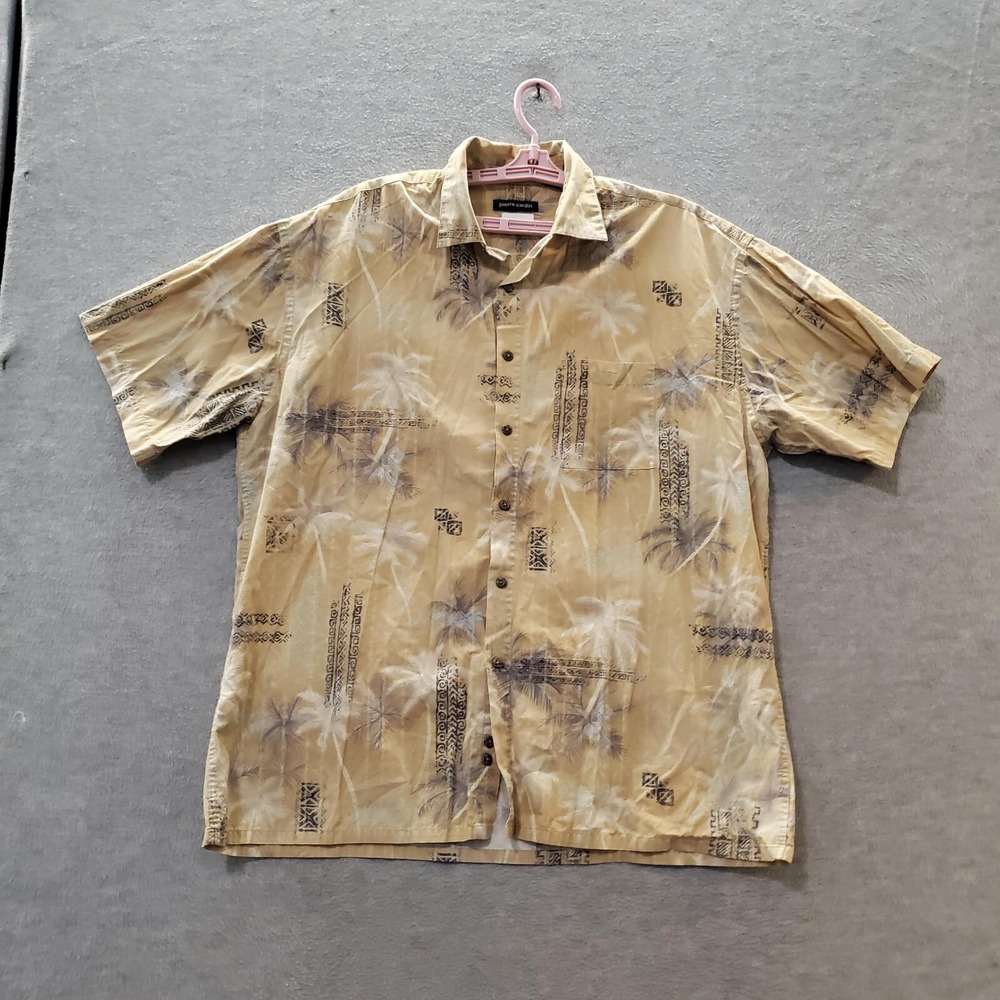 Pierre Cardin Men Button Up Shirt‎ XL Beige Palm Tree Hawaiian